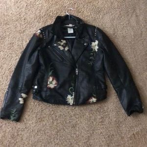 Faux leather jacket with embroidered flowers